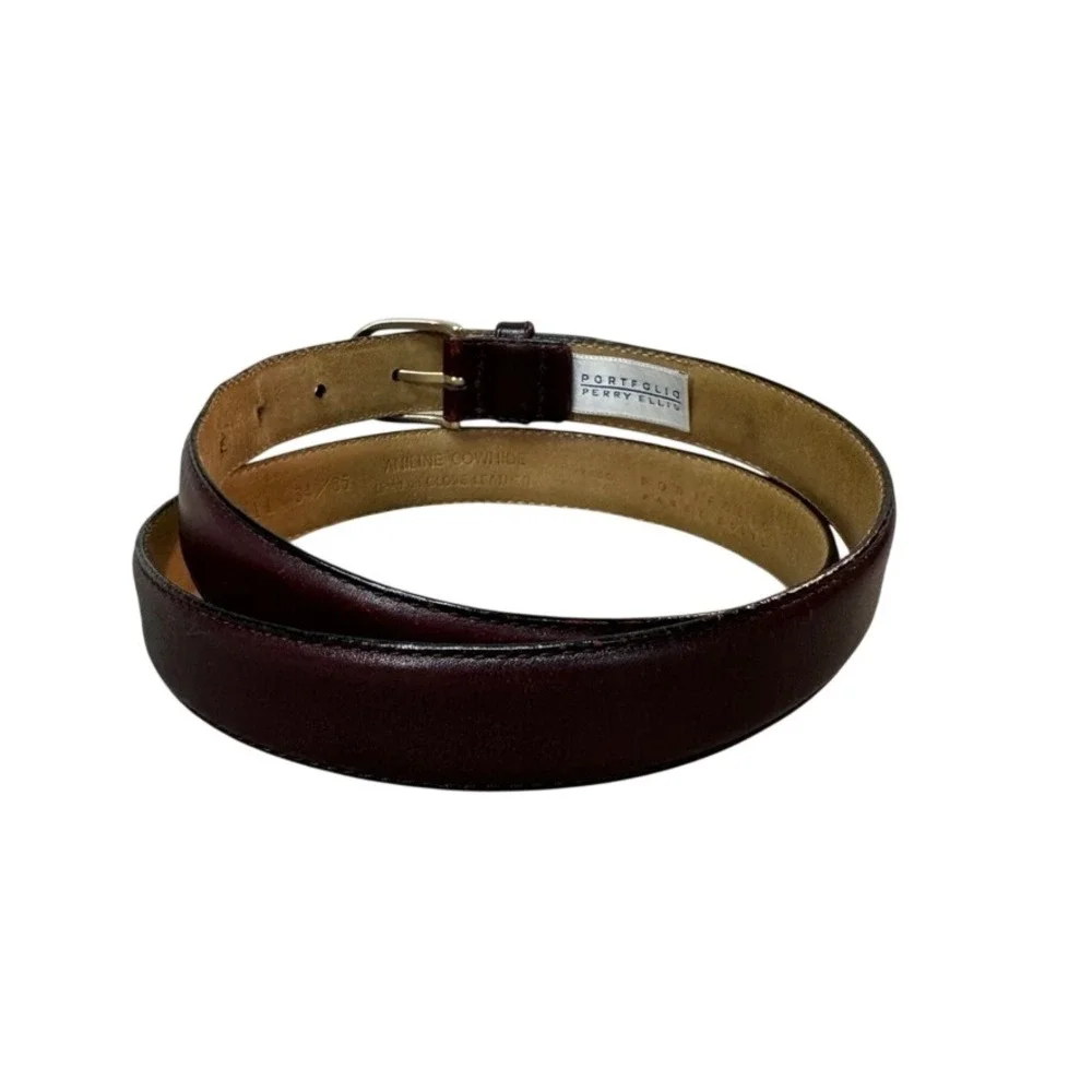 Portfolio Perry Ellis Mens 34 Burgundy Aniline Cowhide Leather Dress Belt 1P3011